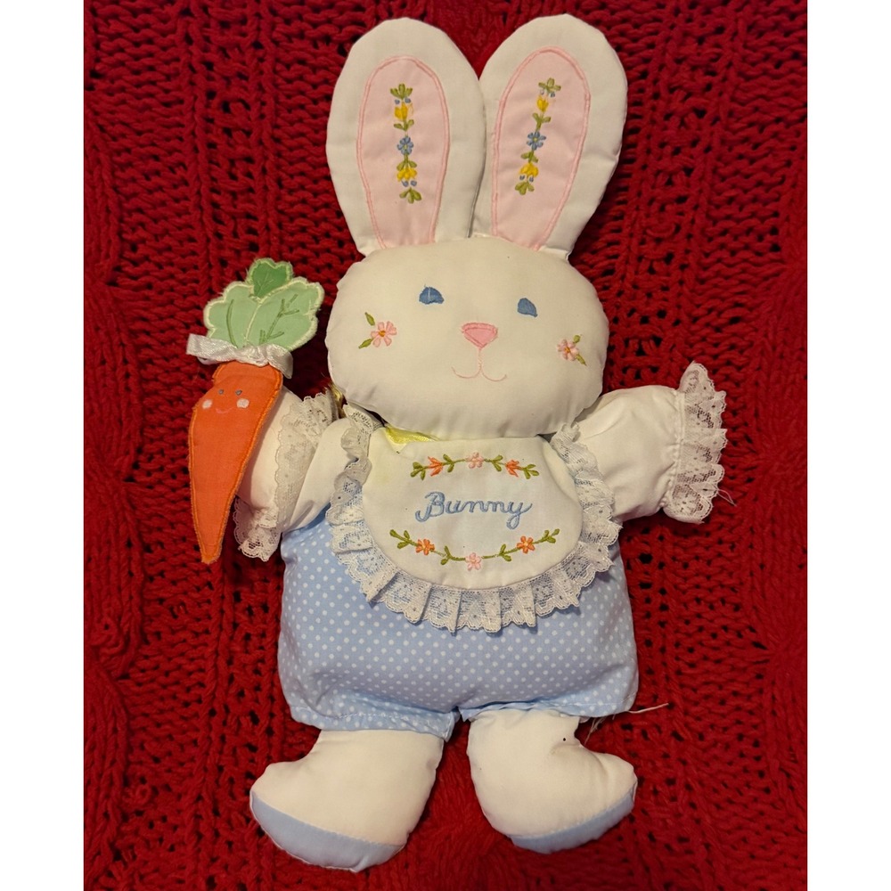 Vintage House of Hatten Plush Bunny Rabbit Doll Blue Polka Dot Overalls Carrot